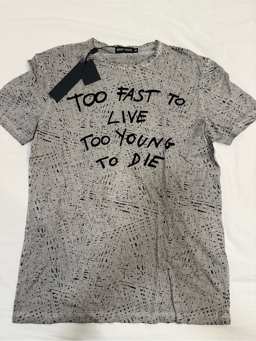 Antony Morato Light Gray Speckled Graphic Tee with Black Text